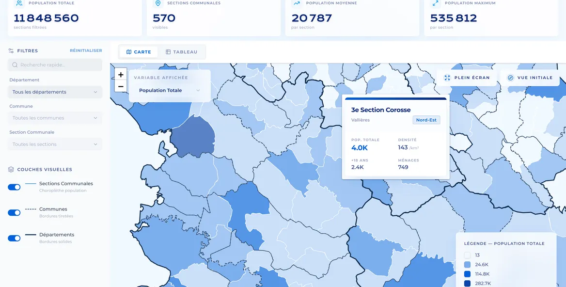Map of population estimates by communal section